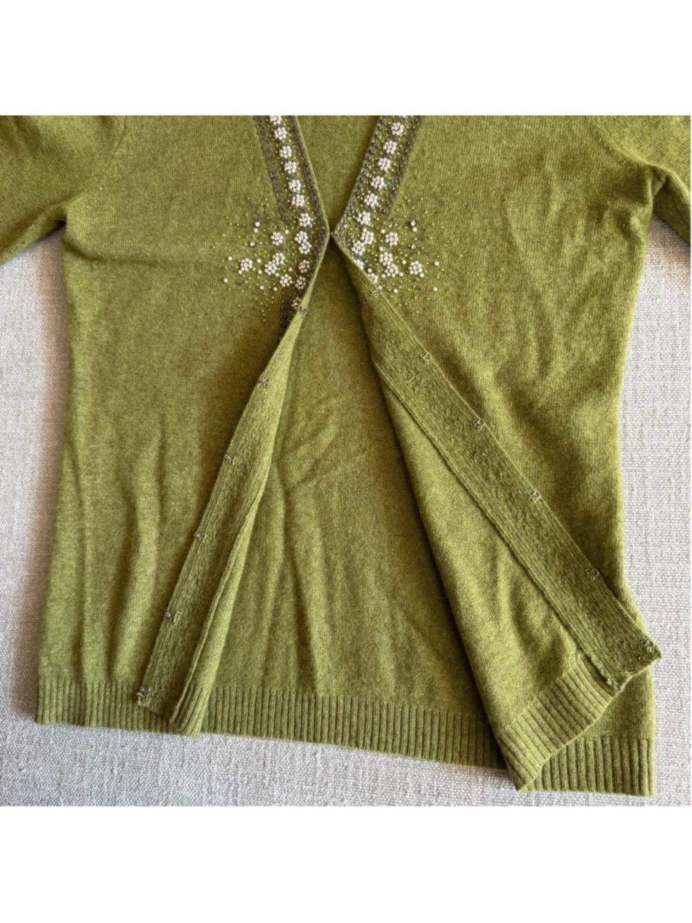 J.Crew wool angora cashmere green beaded cardigan sweater women’s medium - Picture 5 of 9